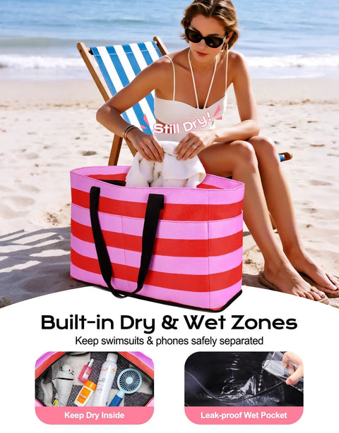 Woman at beach with 54L Beach Bag With Detachable Cooler, waterproof and sandproof, pink with dry and wet zones, fits 4-6 towels.