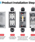 Installation steps for Rock Solid Solar Panel Disconnect Switch With 30 Amp And 550 VDC Rating featuring waterproof enclosure.