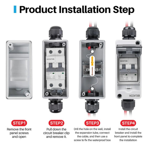 Installation steps for Rock Solid Solar Panel Disconnect Switch With 30 Amp And 550 VDC Rating featuring waterproof enclosure.