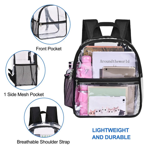 Stadium Approved Clear Backpack 12x6x12 Inch Waterproof See Through Bag with mesh pockets and clear compartments for fast checks.