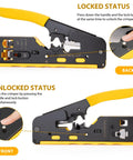 Pro Grade RJ45 Crimp Tool Pass Through Kit With Built-In Tester showing lock status mechanism, front and back view, ergonomic handle.
