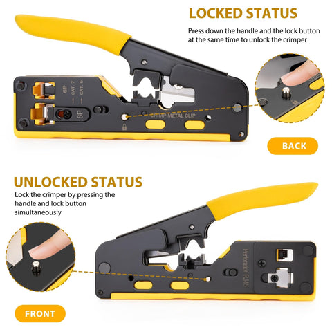 Pro Grade RJ45 Crimp Tool Pass Through Kit With Built-In Tester showing lock status mechanism, front and back view, ergonomic handle.