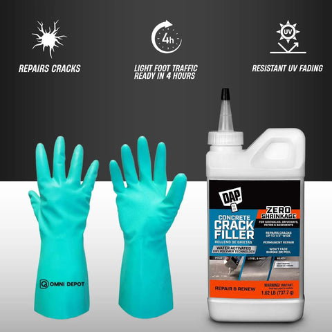 Fast Drying Concrete Crack Filler For Indoor And Outdoor Surfaces DIY Friendly Permanently Fills Cracks In Concrete Stone And Masonry 1.62 Lbs With Chemical Resistant Gloves