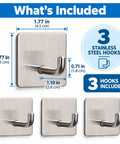 Badass Heavy Duty Adhesive Hooks, 3 Pack Rust Proof Steel Wall Grips with measurements and details on included hooks.