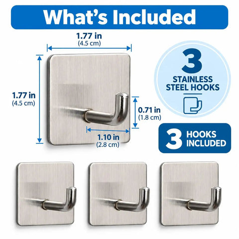 Badass Heavy Duty Adhesive Hooks, 3 Pack Rust Proof Steel Wall Grips with measurements and details on included hooks.