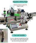 Hustle Ready High Speed Round Bottle Labeling Machine For Cosmetics Food And Drinks With Desktop Conveyor and Catch Tray, adjustable height feature.