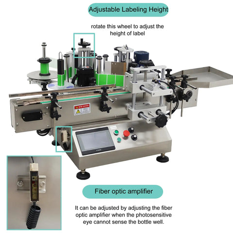 Hustle Ready High Speed Round Bottle Labeling Machine For Cosmetics Food And Drinks With Desktop Conveyor and Catch Tray, adjustable height feature.