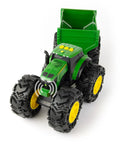 Rad Monster Treads Tractor Toy With Wagon Lights And Sounds shown from above, highlighting large tires and green wagon.