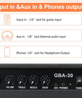 Close-up of input panel on 30W Bass Amp With Retractable Handle For Home Practice And Gig Ready Stage Performance, 8 Inch Speaker, Compact Bass Guitar Amplifier With Four Buttons And One Eighth Inch Auxiliary Input, highlighting input and output jacks.