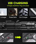 Ultra Bright 1500 Lumen Rechargeable Tactical Flashlight with USB charging for AC, power bank, car, and computer