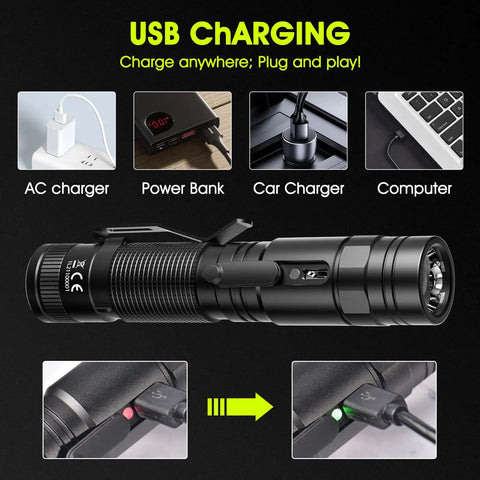 Ultra Bright 1500 Lumen Rechargeable Tactical Flashlight with USB charging for AC, power bank, car, and computer