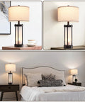 Set Of 2 Modern Table Lamps With USB Ports And Nightlight showing black finish and soft glow, one on nightstand, one next to bed.