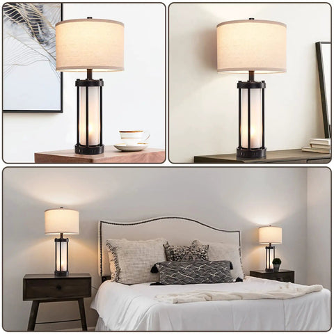 Set Of 2 Modern Table Lamps With USB Ports And Nightlight showing black finish and soft glow, one on nightstand, one next to bed.
