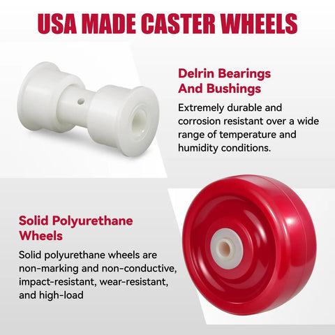 Heavy Duty Industrial Casters With Tough As Nails Solid Polyurethane Wheels And Rust Proof Stainless Steel Brackets, 2 Rigid 2 Swivel Set For Factory Gear, Beefy 4000 Lbs Capacity Made In Usa For No Sweat Moving showcasing Delrin bearings and solid polyurethane wheels.