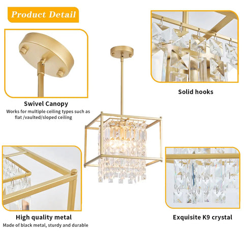Gold Crystal Chandelier Pendant Light Four Light Industrial Fixture with solid hooks and K9 crystal details