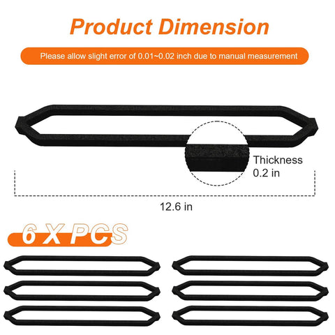 Front view: six black foam food sealer gaskets for vacuum sealers, 12.6 in long, 0.2 in thick.