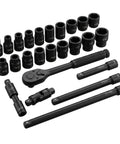 Heavy Duty 3/8 Inch Drive Impact Socket Set With Extensive 64 Piece 6 Point Cr-V Deep And Shallow SAE Metric Kit Plus Extension Bars For Tough Job Site Wrenching And Auto Repair Hacks, 8-19mm sockets