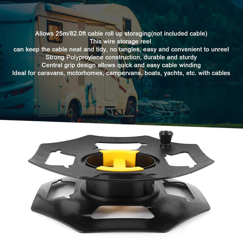 Black And Yellow Cable Tidy Reel For 25m Cables, Camping Electric Hook Up Wire Storage, shown with RV in background