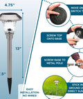 LED Solar Powered Outdoor Landscape Path Lights With Stainless Steel And Glass Lens installation guide and dimensions