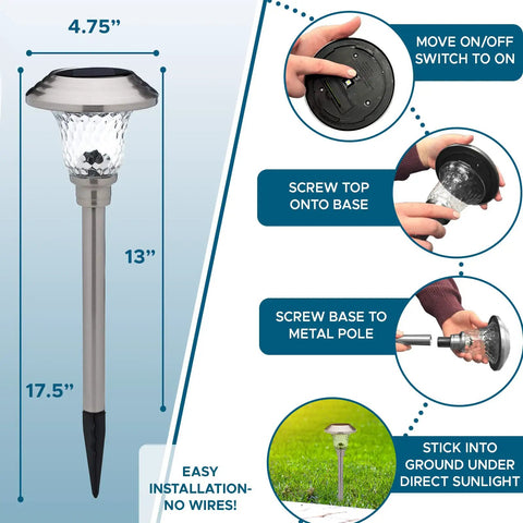 LED Solar Powered Outdoor Landscape Path Lights With Stainless Steel And Glass Lens installation guide and dimensions
