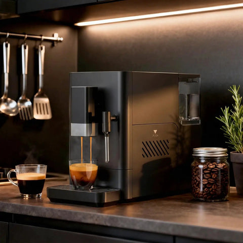 Total Game Changer Automatic Espresso Machine With Built In Grinder 20 Bar Coffee Maker brewing espresso on kitchen counter.