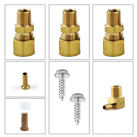 Components of Humidifier Solenoid Valve Replacement Kit UHS24 24V, DIY Friendly, including brass fittings and screws.