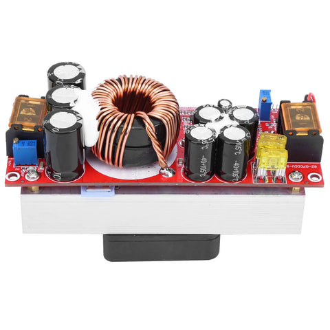 Top Shelf 1500W DC To DC Boost Converter Heavy Duty Step Up Module with capacitors and copper coil on a circuit board.