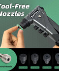 One Handed Pop Rivet Gun Set With Extended 9.6 Inch Ergonomic Handle shown with tool-free interchangeable heads