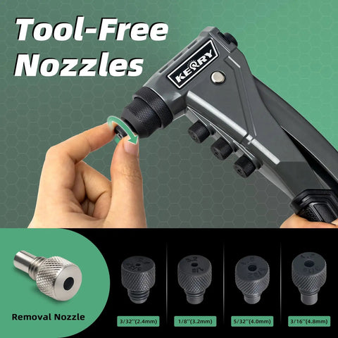 One Handed Pop Rivet Gun Set With Extended 9.6 Inch Ergonomic Handle shown with tool-free interchangeable heads