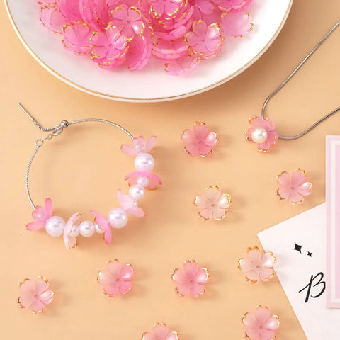Pink Gradient Cherry Blossom Bead Set, 100 Pcs 5-Petal Acrylic Flower Beads for Jewelry Making and Crafts