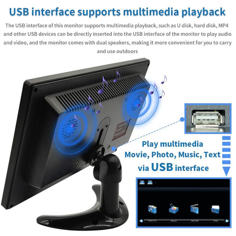 Back view of 10.1 Inch Portable Security Monitor with 1024x600 HD Display featuring built-in dual speakers and USB input illustration
