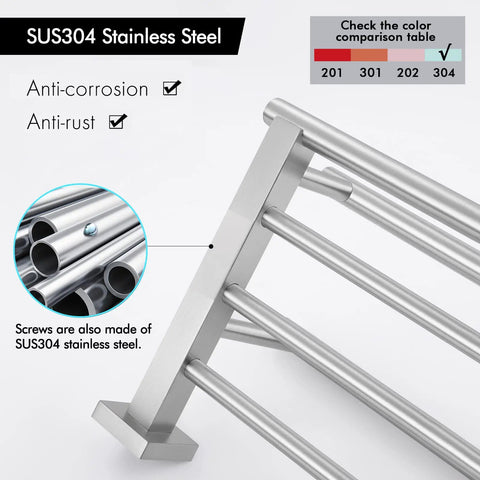Close-up of SUS304 stainless steel rustproof double towel rack with 23.3 inch wall mount shelf and screws, anti-rust feature.