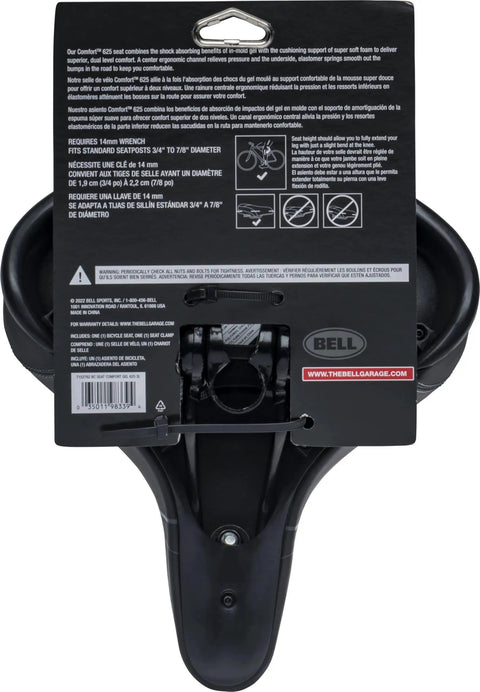 Back view showing packaging of 625 Gel Bike Seat With Soft Touch Padding And Gel Inserts, includes seat post clamp.