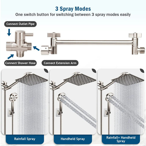 Brushed Nickel Dual Shower Head System With 12-Inch High-Pressure Rain Head And 6-Setting Handheld Combo, Built-In Power Wash, 11-Inch Extension Arm And 60-Inch Hose, Height And Angle Adjustable For A Next-Level Bathroom Upgrade