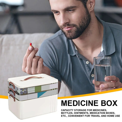 Man holding pill next to Clear Large Medical Box With Multi Layer Design For Home And Travel Big Capacity Pill Organizer