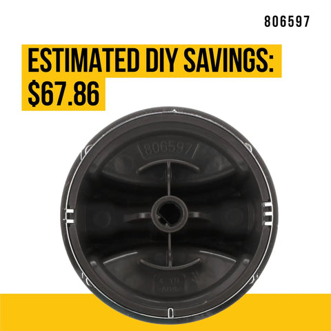 Close-up of replacement knob 806597 for Speed Queen and Maytag dryers, labeled for DIY savings of $67.86.