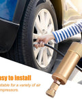 Beefed Up Heavy Duty High Pressure PCP Air Filter Oil Water Separator 40MPa 5800 PSI shown in use with a car tire