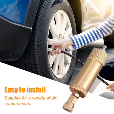 Beefed Up Heavy Duty High Pressure PCP Air Filter Oil Water Separator 40MPa 5800 PSI shown in use with a car tire