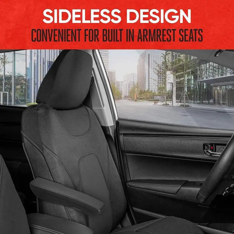 Waterproof Neoprene Front Seat Covers For Cars, Trucks, And SUVs With AquaShield Tech showing sideless design for armrest seats