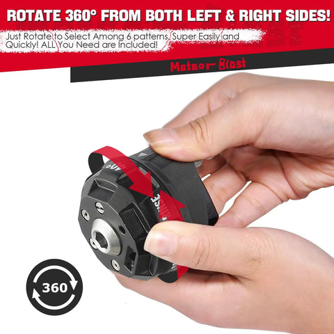 Hands holding a 6 In 1 Pressure Washer Nozzle Tips With Quick Change, switch between 0, 15, 25, 40 degree, soap and rinse modes