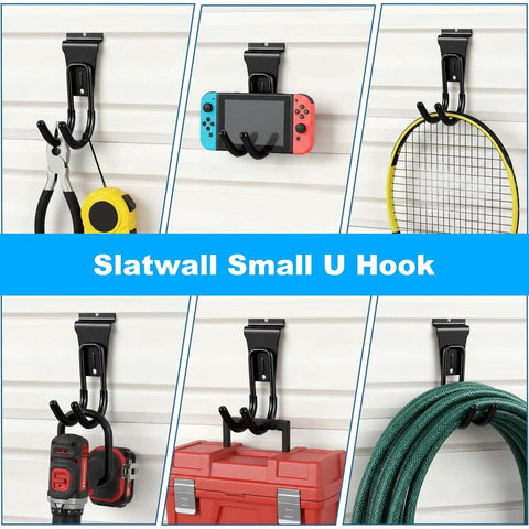 Gladiator Style Slatwall Hooks 10 Pack Heavy Duty Garage Hangers for Tools and Garden Hose Durable Metal Wall Mounts with Anti Skid Cushioned Rubber, Easy One Step Mount Proslat and Flow Wall Compatible, shown holding various items on white slatwall.