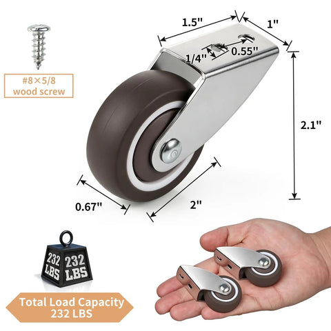 Chegulu 2" Rigid Plate Casters, Silent Rubber Furniture Wheels, Set of 4 with rubber wheel and steel bracket, 2" diameter.