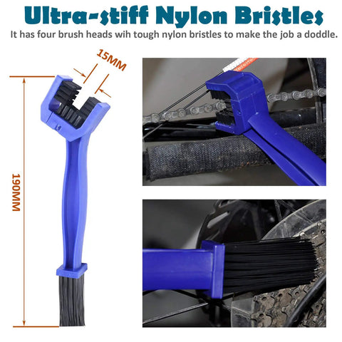All In One Bike Chain Cleaner Kit with nylon bristles cleaning a bike chain, showcasing 15mm brush head and 190mm handle.