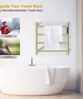 Bathroom with 4 Bar Brushed Gold Heated Towel Warmer Rack With Built-In Timer, wall-mounted above bathtub, holding towel.