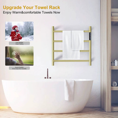 Bathroom with 4 Bar Brushed Gold Heated Towel Warmer Rack With Built-In Timer, wall-mounted above bathtub, holding towel.