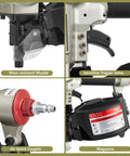 CN55 Coil Nail Gun Pneumatic Siding Nailer components: wear-resistant muzzle, trigger valve, air coupler, magazine.