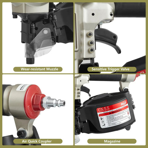 CN55 Coil Nail Gun Pneumatic Siding Nailer components: wear-resistant muzzle, trigger valve, air coupler, magazine.