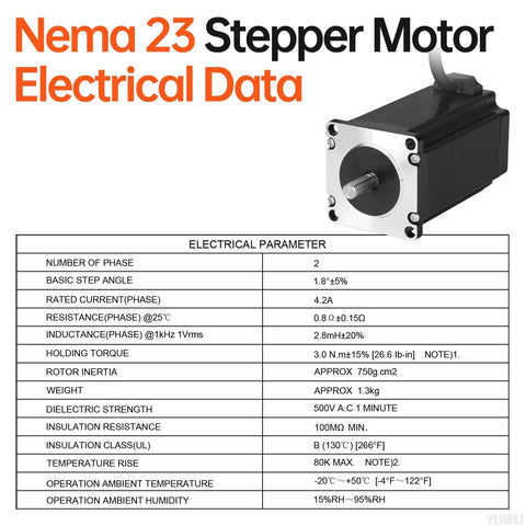 Front view of NEMA 23 bipolar stepper motor with silver faceplate, black body, and protruding shaft.