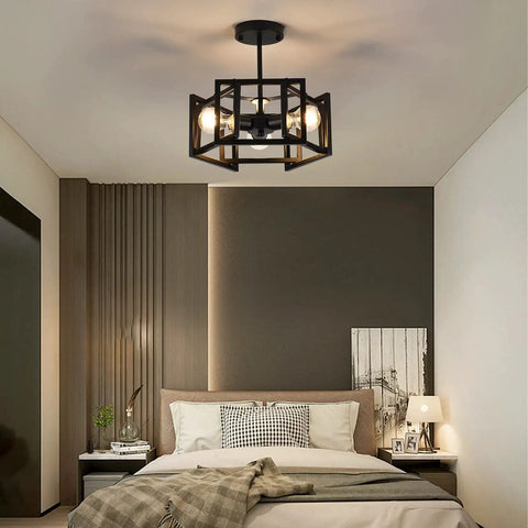 Semi Flush Mount Ceiling Light Fixture, 3-Light Black Industrial Style, matte black finish in modern bedroom setting