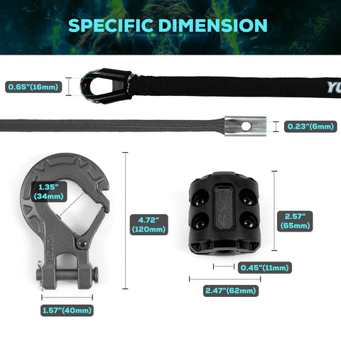 Dimensions of Beefy Heavy Duty 5/16 Inch 50 Foot Synthetic Winch Rope Kit with parts shown in detail
